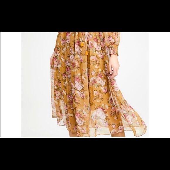 OPT Wick smocked chiffon gold and pink midi dress - Picture 2 of 11